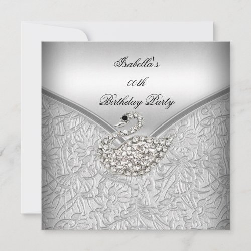 Elegant Silver Damask White Swan Birthday Party Invitations