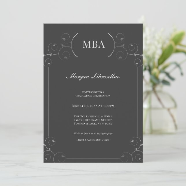 Elegant Silver Dark Gray MBA Graduation Party Invitation (Standing Front)
