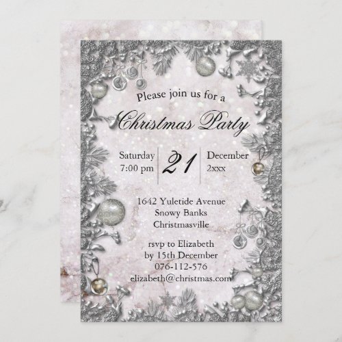 Elegant Silver Decorations and Glitter Christmas Invitation