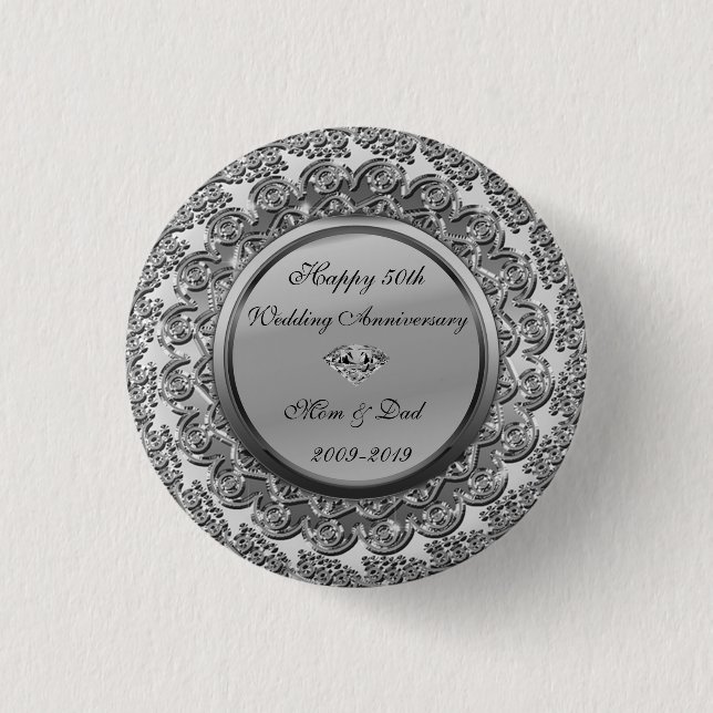 Elegant Silver Diamond 50th Wedding Anniversary Button (Front)