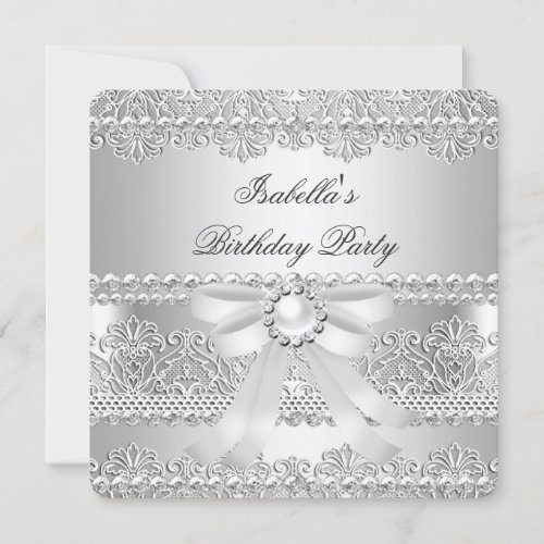 Elegant Silver Diamond Pearl Lace Birthday Party 2 Invitation