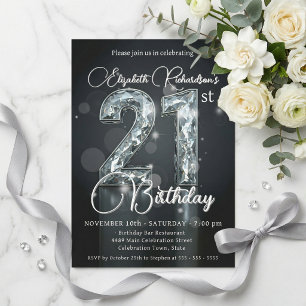 Elegant Silver Diamond Sparkle 21st Birthday Invitation
