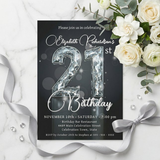 Elegant Silver Diamond Sparkle 21st Birthday Invitation (Creator Uploaded)