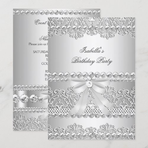 Elegant Silver Diamond White Lace Birthday Party 5x7 Paper Invitation Card