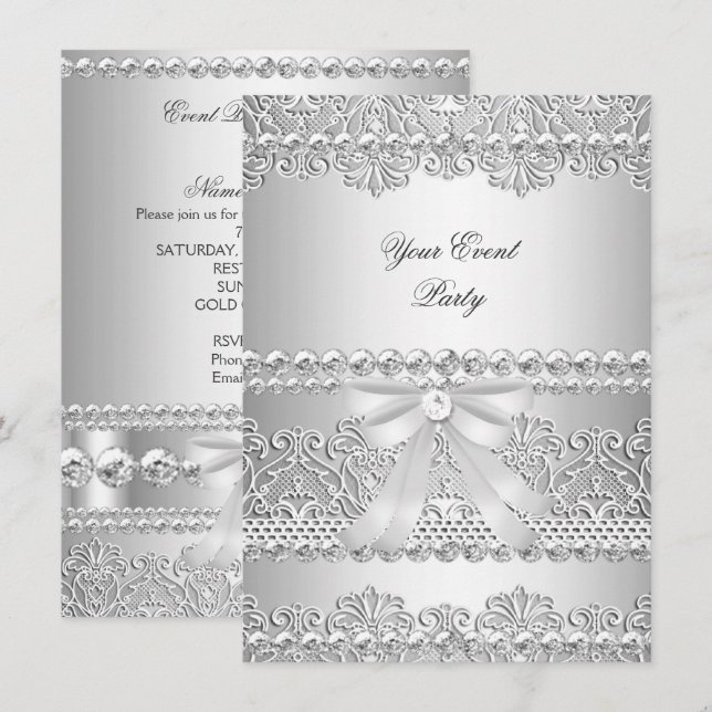 Elegant Silver Diamond White Lace Party Invitation (Front/Back)