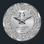 Elegant Silver Diamonds 25th Anniversary Large  Clock<br><div class="desc">Encrusted diamonds and silver( diamonds are not real) 25th wedding anniversary customizable clock.</div>