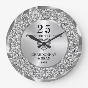 Elegant Silver Diamonds 25th Anniversary Large Clock