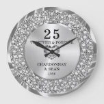 Elegant Silver Diamonds 25th Anniversary Large  Large Clock at Zazzle