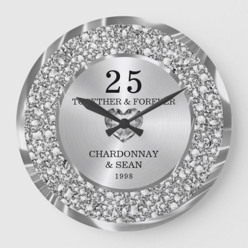 Elegant Silver Diamonds 25th Anniversary Large  Large Clock