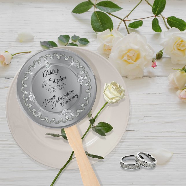 Elegant Silver Diamonds 25th Wedding Anniversary Hand Fan (Elegant Faux Silver Diamonds 25th Wedding Anniversary Hand Fan)
