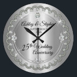 Elegant Silver Diamonds 25th Wedding Anniversary Large Clock<br><div class="desc">Opulent elegance frames this 25th wedding anniversary design in a unique scalloped diamond design with center teardrop diamond with faux added sparkles on a silver-tone gradient. Original design by Holiday Hearts Designs (rights reserved). Please note that all embellishments are printed and are only made to appear as real as possible...</div>