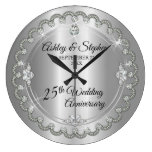 Elegant Silver Diamonds 25th Wedding Anniversary Large Clock Elegant Silver Diamonds 25th Wedding Anniversary Large Clock