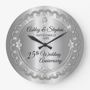 Elegant Silver Diamonds 25th Wedding Anniversary Large Clock