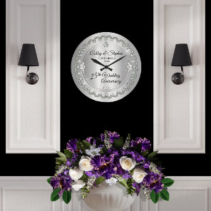 Elegant Silver Diamonds 25th Wedding Anniversary Large Clock