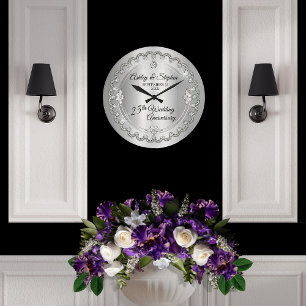 Elegant Silver Diamonds 25th Wedding Anniversary Large Clock