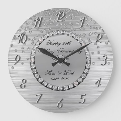 Elegant Silver  Diamonds 25th Wedding Anniversary Large Clock