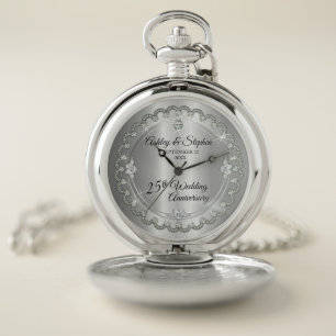 Elegant Silver Diamonds 25th Wedding Anniversary Pocket Watch