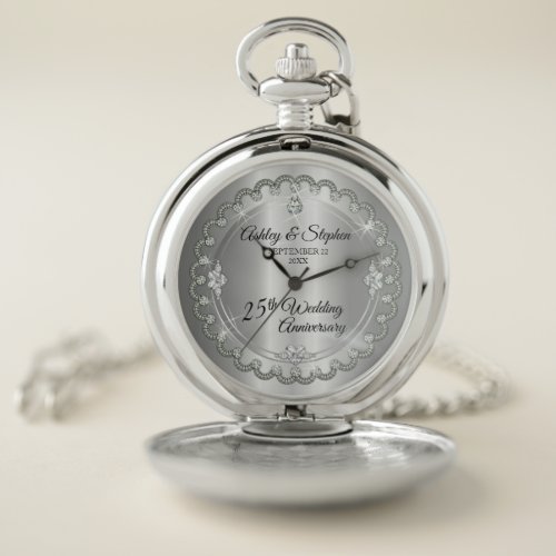 Elegant Silver Diamonds 25th Wedding Anniversary  Pocket Watch