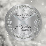 Elegant Silver Diamonds 25th Wedding Anniversary Round Clock<br><div class="desc">Opulent elegance frames this 25th wedding anniversary design in a unique scalloped diamond design with center teardrop diamond with faux added sparkles on a silver-tone gradient. Original design by Holiday Hearts Designs (rights reserved). Please note that all embellishments are printed and are only made to appear as real as possible...</div>