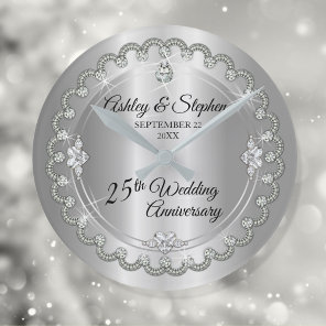 Elegant Silver Diamonds 25th Wedding Anniversary Round Clock