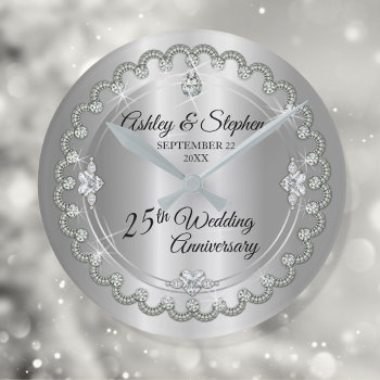 Elegant Silver Diamonds 25th Wedding Anniversary Round Clock by holidayhearts at Zazzle