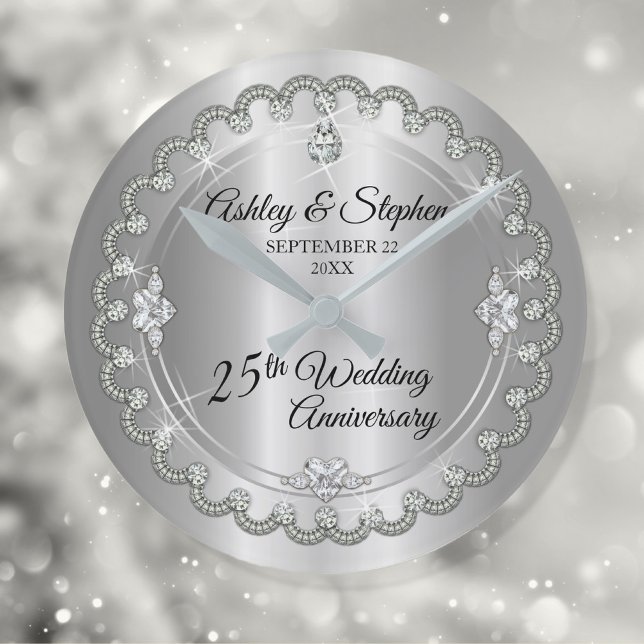 Elegant Silver Diamonds 25th Wedding Anniversary Round Clock (Creator Uploaded)