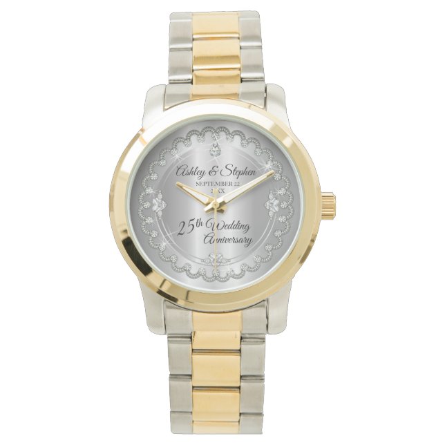 Elegant Silver Diamonds 25th Wedding Anniversary  Watch (Front)