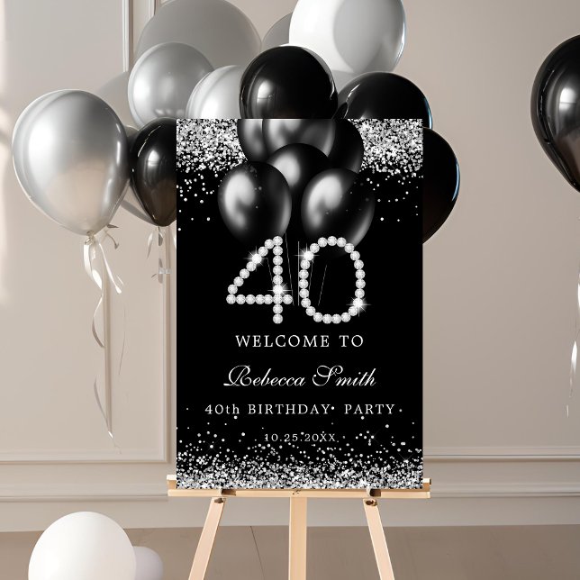 Elegant Silver Diamonds 40th Birthday Welcome Sign (Creator Uploaded)