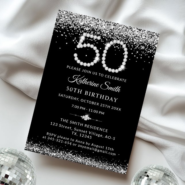 Elegant Silver Diamonds 50th Birthday Party Invitation (Creator Uploaded)