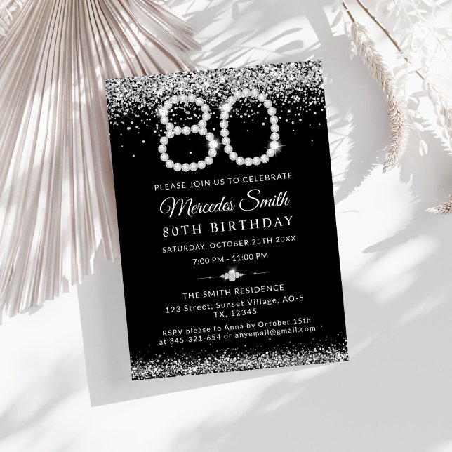 Elegant Silver Diamonds 80th Birthday Party Invitation (Glam Silver Diamonds 80th Birthday Party Invitation )