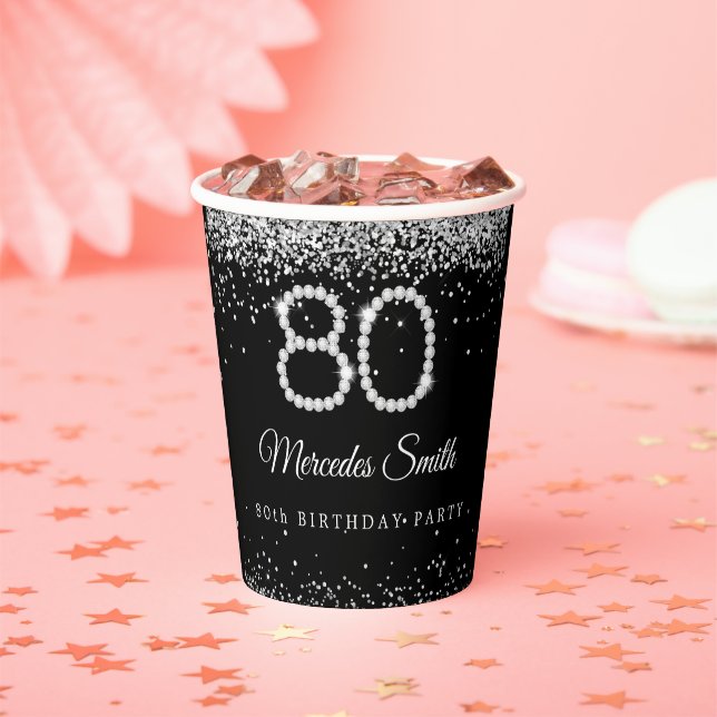 Elegant Silver Diamonds 80th Birthday Party Paper Cups (Insitu)
