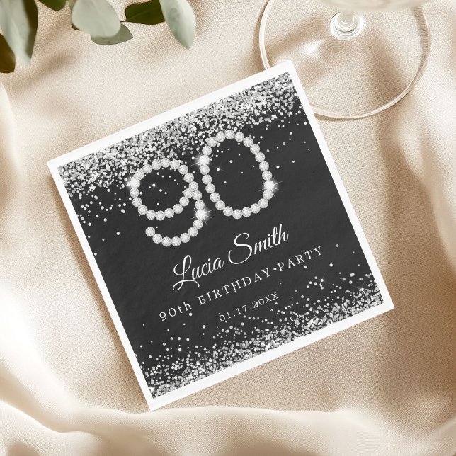Elegant Silver Diamonds 90th Birthday Party  Napkins (Diamonds 90th Birthday Table Napkin)