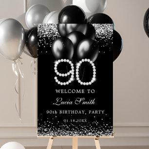 Elegant Silver Diamonds 90th Birthday Welcome Sign