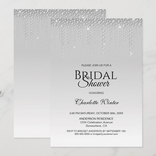 Elegant Silver Diamonds Bridal Shower Invitation (Front/Back)