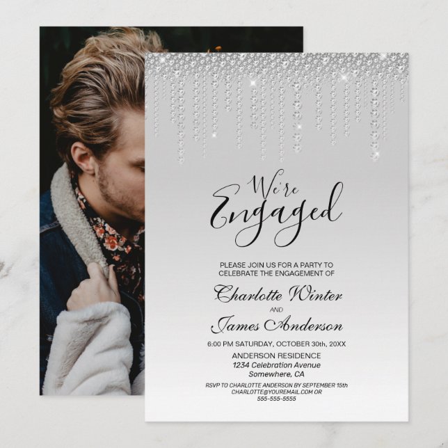 Elegant Silver Diamonds Photo Engagement Party Invitation (Front/Back)