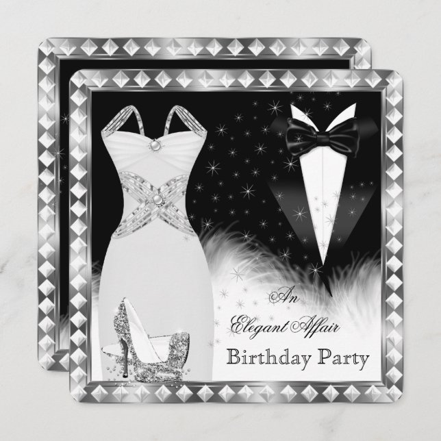 Elegant Silver Dress Black Tie Birthday Party Invitation (Front/Back)