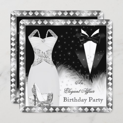 Elegant Silver Dress Black Tie Birthday Party Invitation