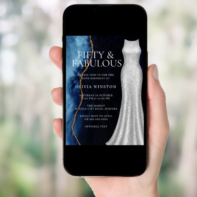 Elegant Silver Dress & Navy 50th Birthday Party Invitation (Front Digital)