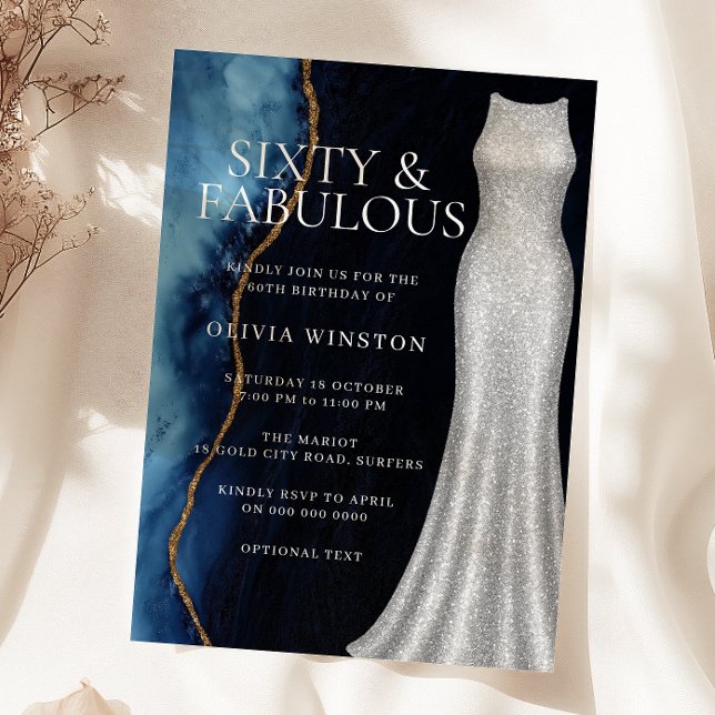 Elegant Silver Dress & Navy 60th Birthday Party Invitation (Creator Uploaded)