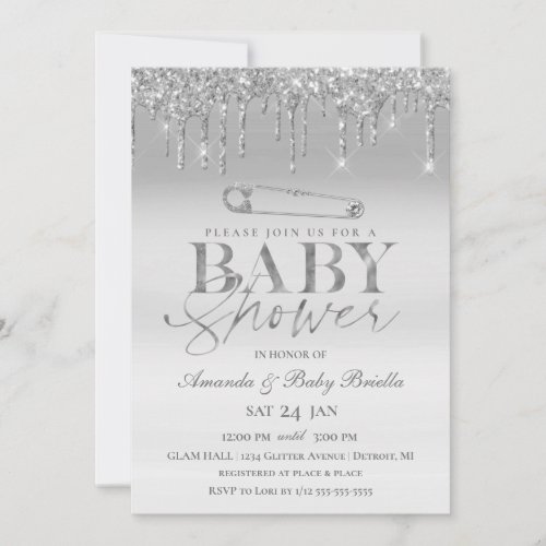 Elegant Silver Drip Safety Pin Baby Shower Invitation