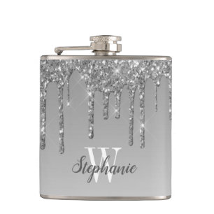 Elegant Silver Dripping Faux Glitter Monogram Flask