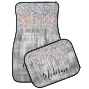 Elegant silver dripping glitter monogram car floor mat