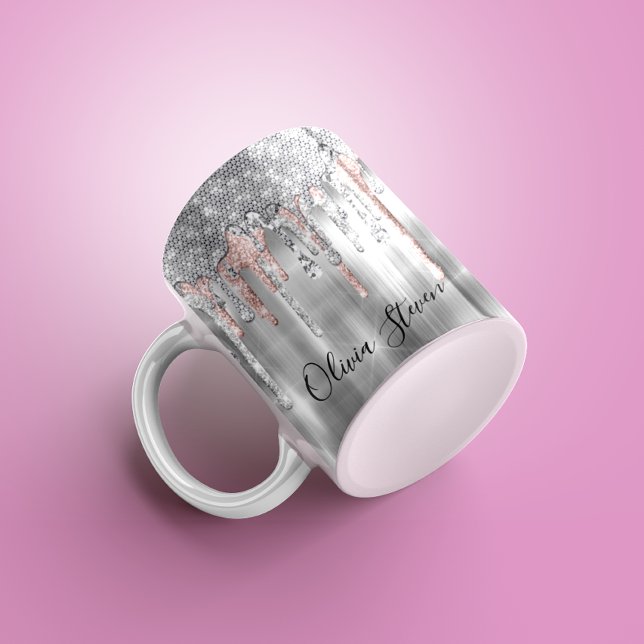 Elegant silver dripping glitter monogram coffee mug (Creator Uploaded)