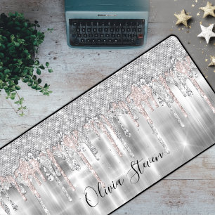 Elegant silver dripping glitter monogram desk mat