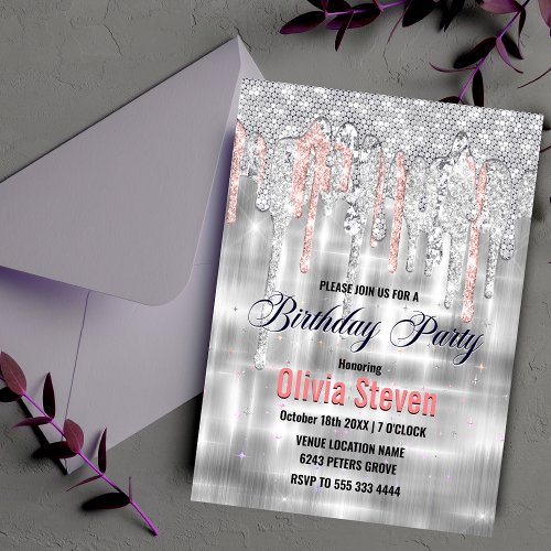 Elegant silver dripping glitter monogram invitation