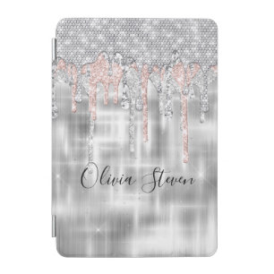 Elegant silver dripping glitter monogram iPad mini cover
