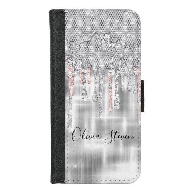 Elegant silver dripping glitter monogram iPhone wallet case (Front)