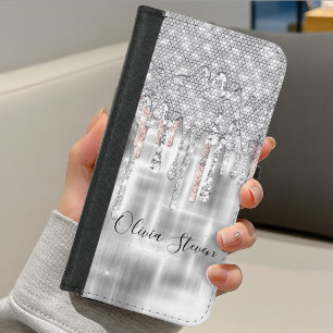 Elegant silver dripping glitter monogram iPhone 8/7 wallet case