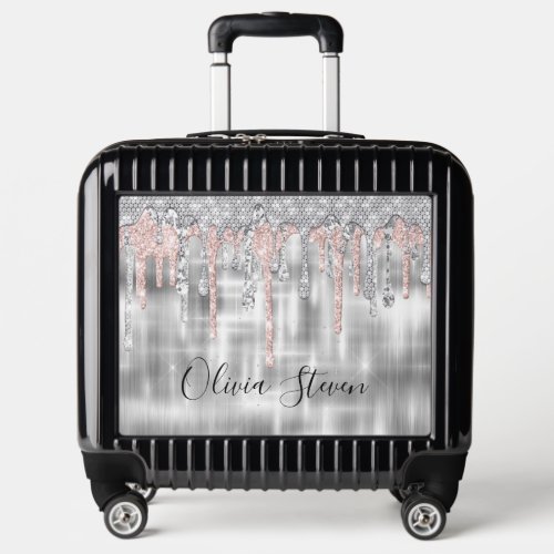 Elegant silver dripping glitter monogram luggage