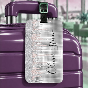 Elegant silver dripping glitter monogram luggage t tag